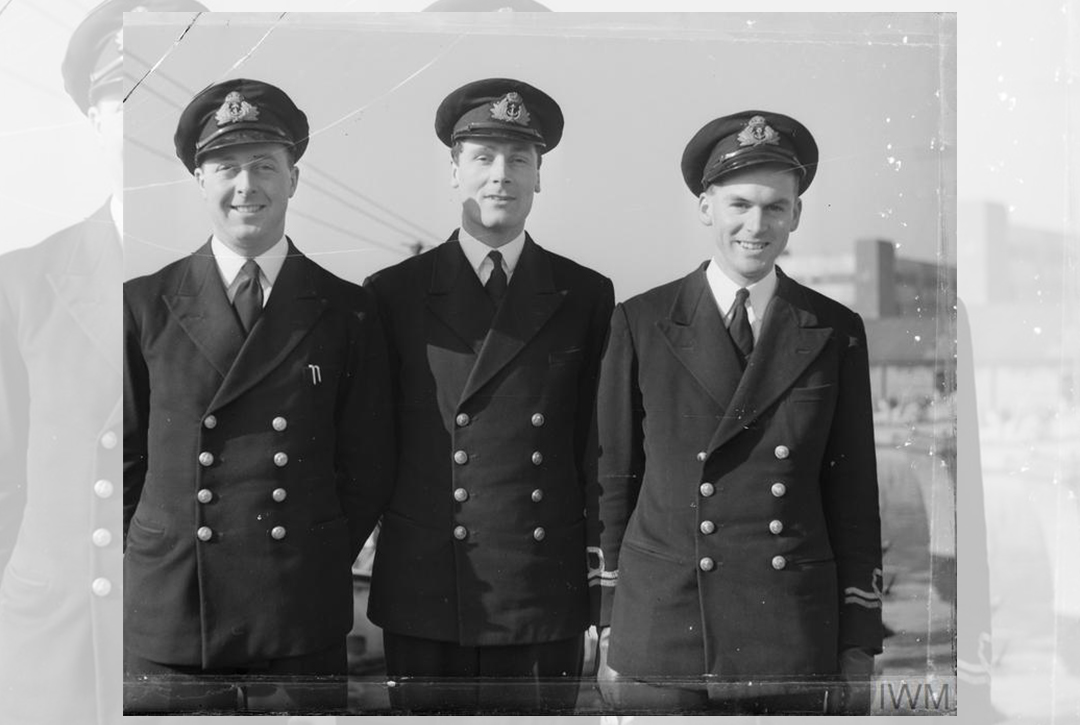 Commanding Officers of Motor Gunboats. Left to right Lieut C A Burk (MGB 17), RCNVR, from Toronto, Lieut J S Price (MGB 20), RNVR, from Blackpool, Lieut C V Dale (MGB 21), RNVR, from Sydney