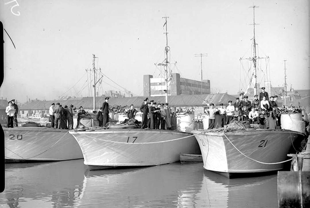 Motor gunboats MGB 17, MGB 20 and MGB 21, docked after their victory in the early hours of 8 March 1943